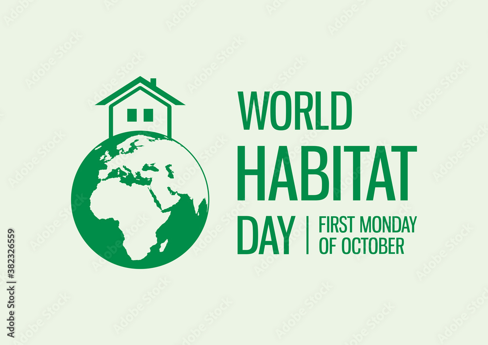 Fototapeta premium World Habitat Day vector. Planet Earth with a house vector. Silhouette green Planet Earth with house building icon vector. Habitat Day Poster, first Monday of October. Important day