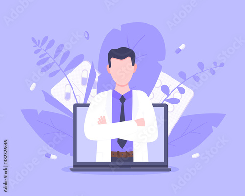 Online doctor medical service concept with doctor in the laptop vector illustration. Telemedicine web consultation for patients health care check ups and taking medicine prescription pills.