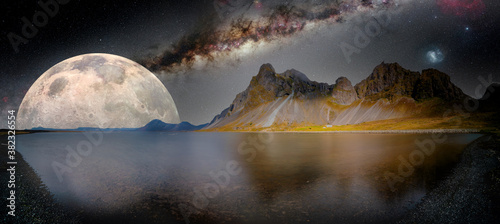 Fototapeta Naklejka Na Ścianę i Meble -  fantastic night landscape with lake, mountains and moon. Elements of this image furnished by NASA.