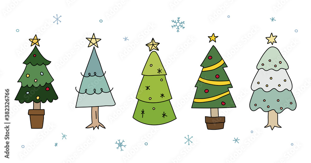 クリスマスツリーの手描きイラストのセット かわいい 雪の結晶 冬 12月 Vector De Stock Adobe Stock