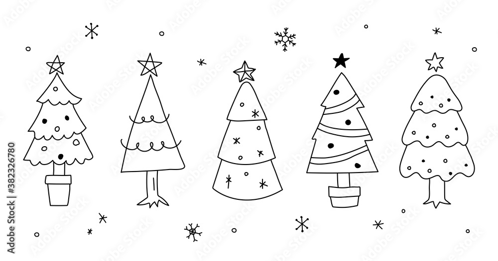 クリスマスツリーの手描きイラストのセット かわいい 雪の結晶 冬 12月 Vector De Stock Adobe Stock