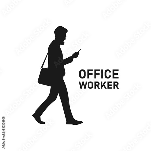 Busy male worker walking and looking at smartphone silhouette. Man staring and holding phone. College student. Corporate guy logo. Businessman concept. Social media business vector illustration.
