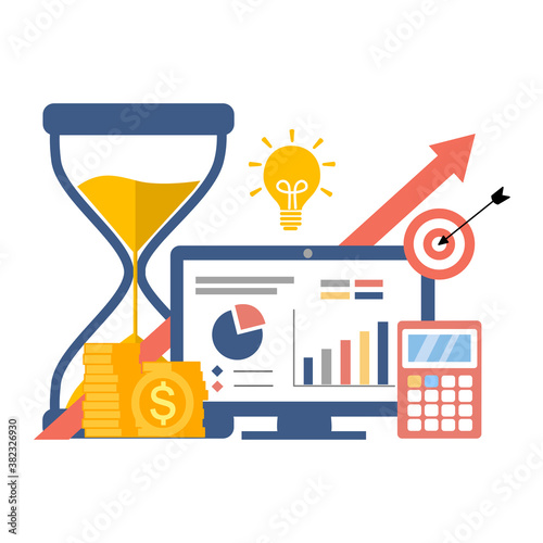 Return on investment ROI business marketing concept. Financial chart, data analysis vector illustration flat design. Business plan and profit.