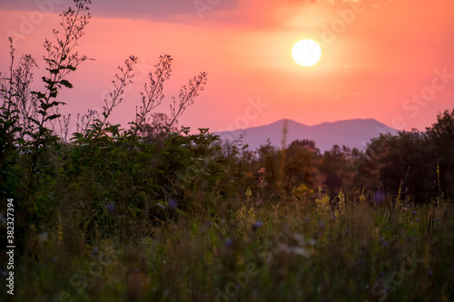 The sun rises against the background of the mountains. Green grass in the morning sun. Republic of Adygea, Russia.