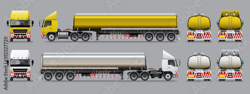 VECTOR EPS10 - semi-trailer tanker truck template 3 axle tractor unit, 3 axle trailer, 22 wheel
yellow and white color tone, isolate on grey background.