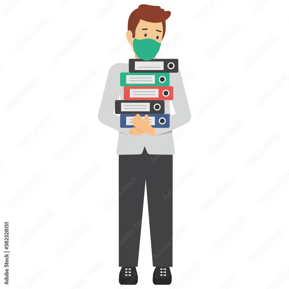 Worker holding Files and Folder and wearing coronavirus protection surgical face Mask Vector Illustration Design, New normal Business people on white background Worker holding Files and Folder and wearing coronavirus protection surgical face Mask Vector Illustration Design, New normal Business people on white background