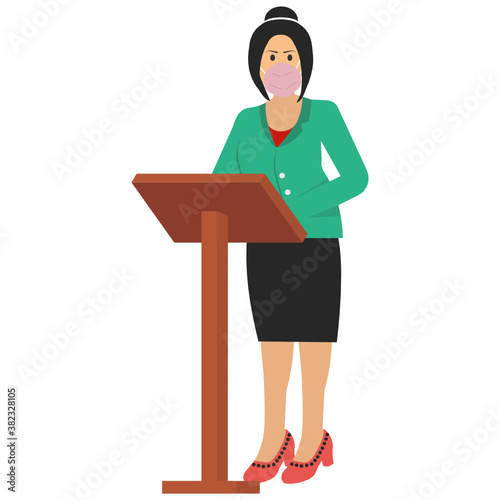 Public Speech From Grandstand, woman wearing coronavirus prevention surgical face mask and giving speech at podium Vector illustration Design, New normal Business character on white background, 