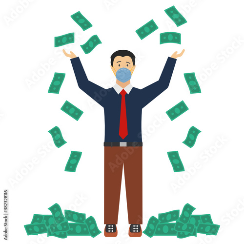 Happy successful Executive under money rain Concept Vector Icon Design, Manager wearing Coronavirus Protection face mask promoted at work celebrating his victory financial independence illustration 