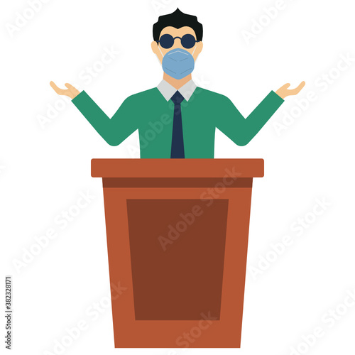Public Figure wearing coronavirus prevention surgical face mask illustration, New normal Business people on white background, Motivational Speaker Concept Vector Icon Design,  