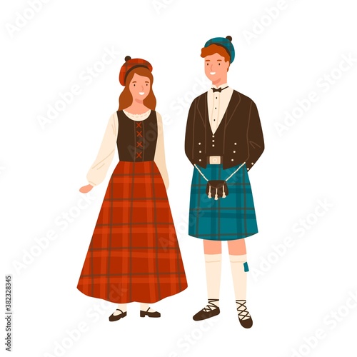Couple in scotland national costumes vector flat illustration. Man in headdress and traditional kilt. Woman in tartan skirt or dress. People in colorful folk scottish outfit isolated on white