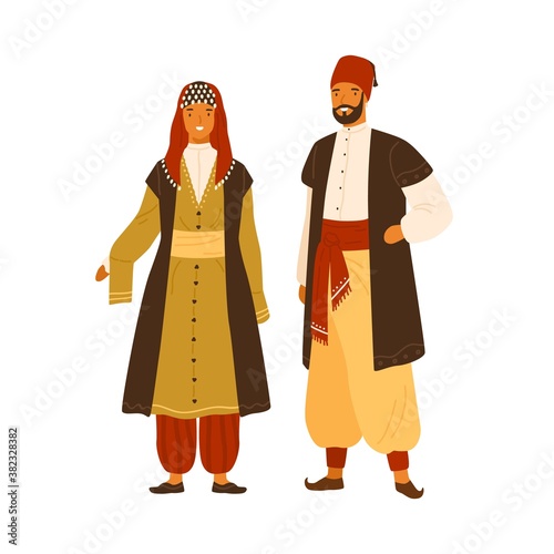 Turkish man and woman in national costume vector flat illustration. Tradition...