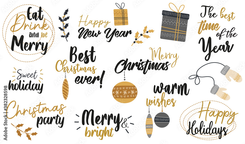 Merry christmas new year. Vector set typography emblems gold and black