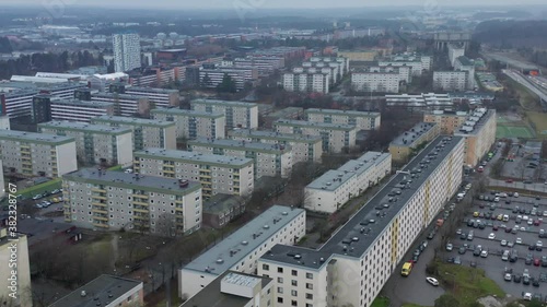 Rinkeby Tensta apartment buildings north of Stockholm aerial drone video photo