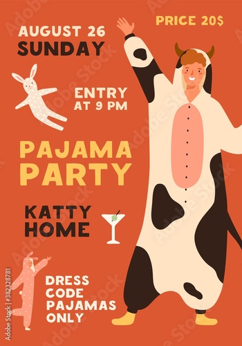 Poster template of pajama party with place for text vector flat illustration. Announcement of recreational event with funny man in cow costume. Promo flyer of theme holiday with people in homewear
