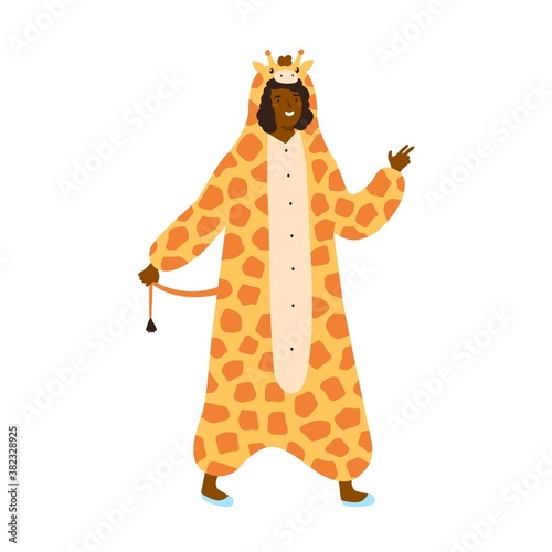 Funny dark skin woman in giraffe kigurumi at theme party vector flat illustration. Smiling female posing in cute animal costume isolated on white. Happy person wearing comfy homewear or nightwear