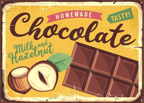 Chocolate vintage candy store sign. Retro advertisement with tasty homemade chocolate bar. Vector image.