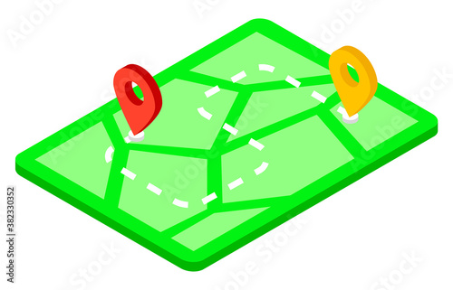 Map with waypoints, delivery service concept, vehicle route illustration with marked places for unloading. Transportation and cargo delivery services. Green map for a traveler with a marked route
