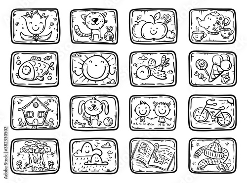 Colorful cards with different objects and animals for some game or task for kids, black and white vector illustration