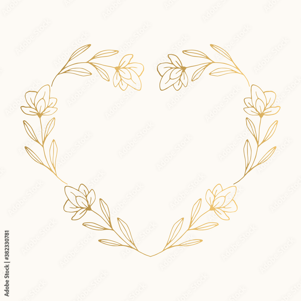 Floral heart wreath. Golden nature frame. Elegant borders. Vector isolated illustration.