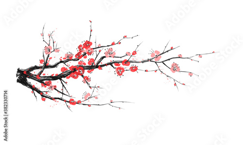 Realistic Sakura Blossom - Japanese Cherry Tree Isolated. Artistic Branch Plum Blooming. Vector