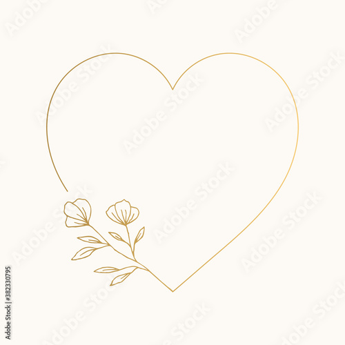 Golden heart frame with elegant flowers. Vector wedding illustration.