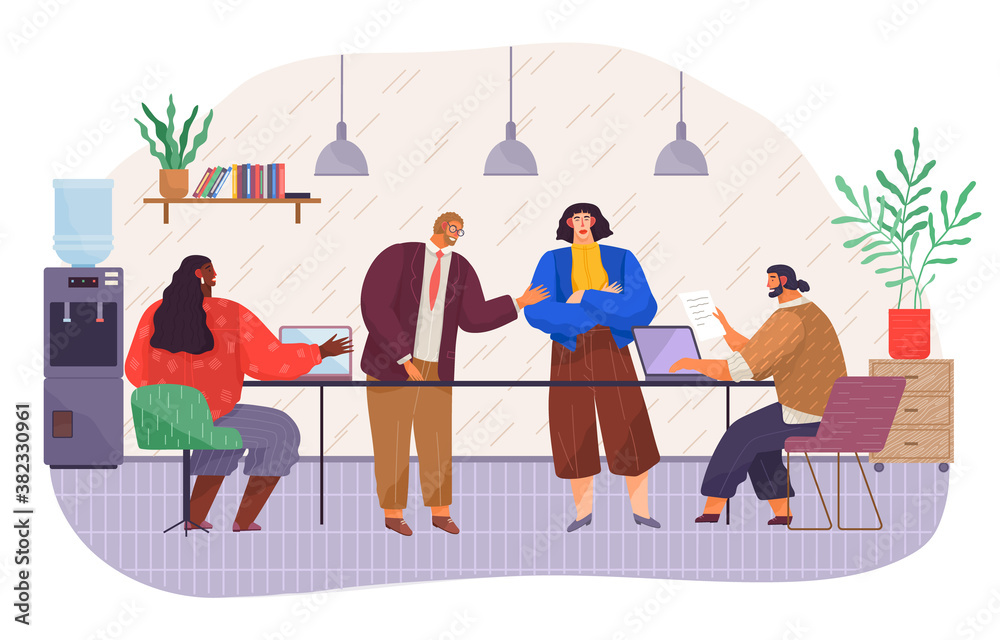 Obraz premium Businesspeople talking and working together in office have a productive conversation. Staff communicating concept. Business meeting around table . Brainstorming process collaboration workers