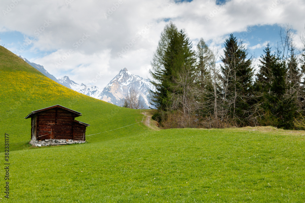 timber hut in front of Aletsch glacier valley