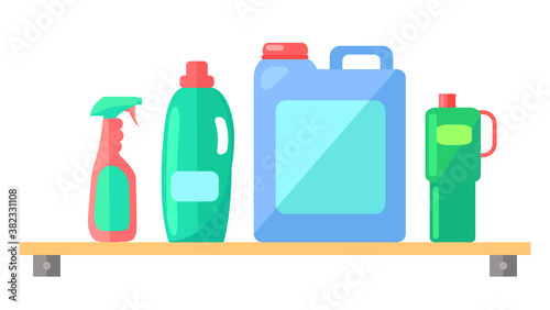 Plastic detergent bottles set. Household chemicals containers plastic bottle pack, cleaning housework liquid domestic fluid cleaner on a shelf on the wall . Industrial chemicals different bottles