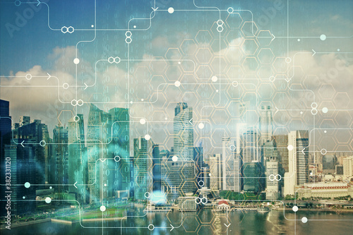 Photography Data theme hologram drawing on city view with skyscrapers background multi exposure