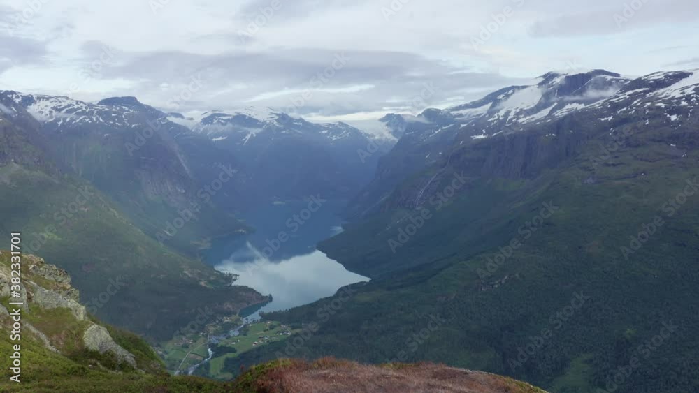 Lovatnet aerial drone view from high above the famous lake. Mountain peak shot Lovatnet aerial drone view from high above the famous lake. Mountain peak shot
