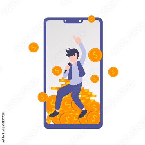 Flat element of person being dance in smart phone. Smart phone with dancing man wallpaper with flat style.