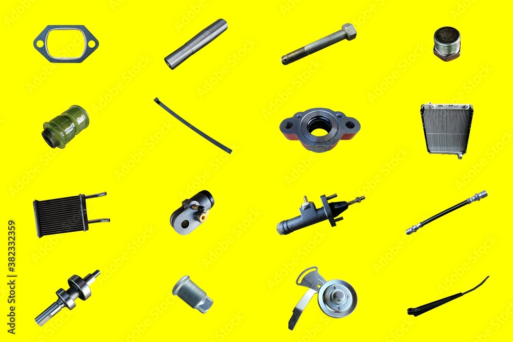 Auto spare parts car on the yellow background. Set with many isolated items for shop or aftermarket. Collage parts for auto isolated. Auto spare parts car on the yellow background. Set with many isolated items for shop or aftermarket. Collage parts for auto isolated.