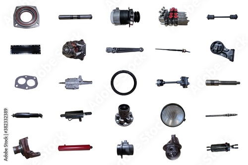 Auto spare parts car on the white background. Set with many isolated items for shop or aftermarket. Collage parts for auto isolated.