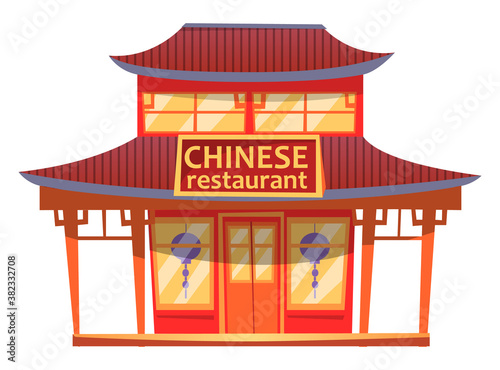 Chinese restaurant cartoon illustration of building facade and lanterns. Chinese restaurant with typical construction roof type, sign with an inscription above the entrance. Asian cuisine institution