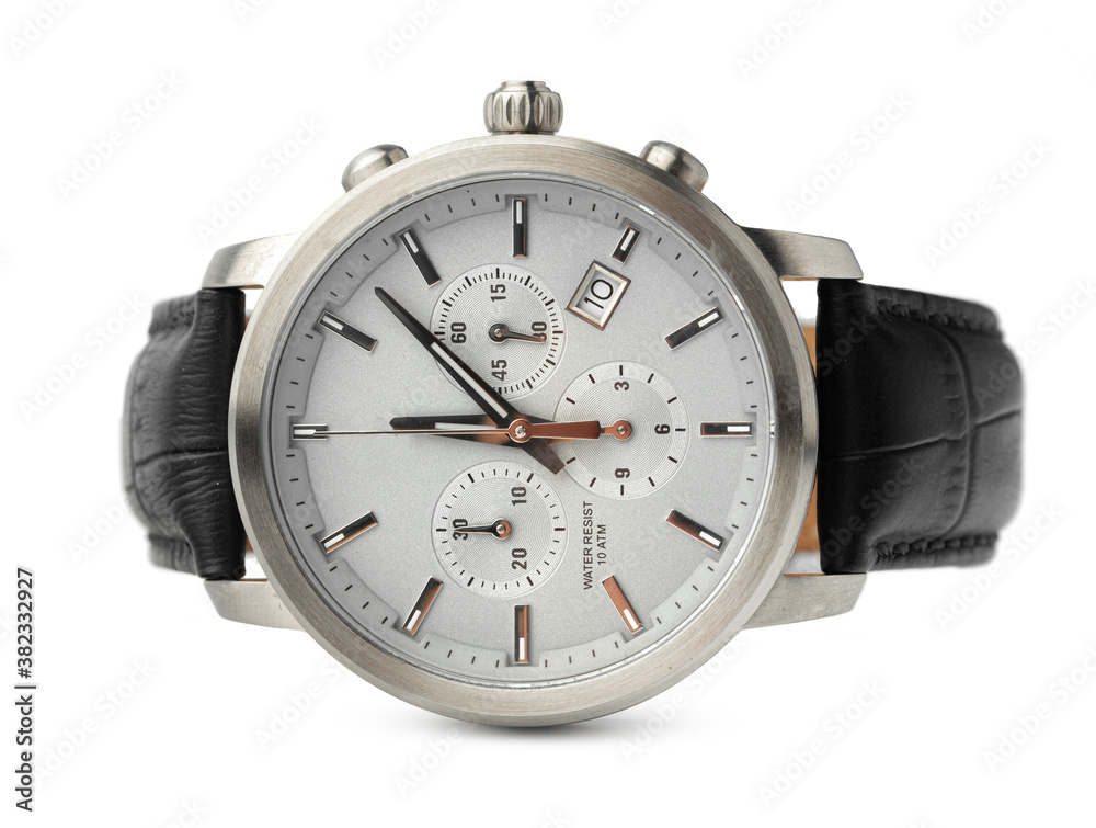 Mechanical watch isolated on white background, close up