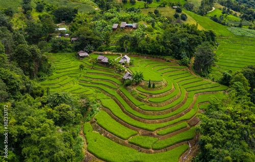 Aerial top view with a beautiful landscape view of rice terraces in Chiangmai, Thailand