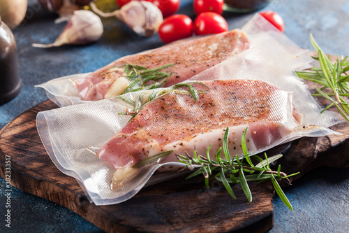 Vacuum packed raw pork. Ready to sous-vide cooking method