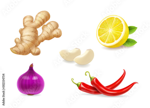 Realistic spices set. Ginger, lemon, red onion, garlic isolated vector illustration