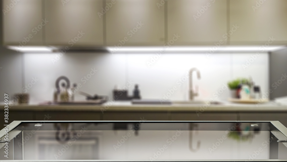 Desk of free space and kitchen interior Desk of free space and kitchen interior