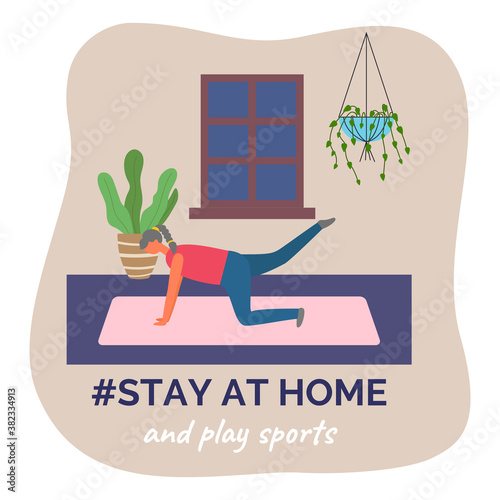 Stay at home and play sports. Quarantine self-isolation leisure. Woman making sport exercises, fitness training. Home gym. Girl doing leg swing, exercise for ass. Energy of body, lose weight