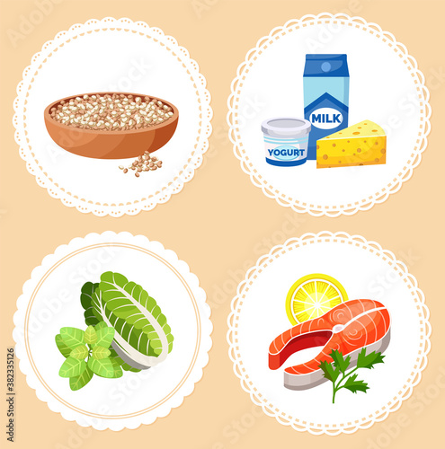 Set of healthy foods while breastfeeding. Wholesome food for a young mom. Lean red meat, low fat dairy products, leafy green salad, legumes. Food collection in white circles on a beige background