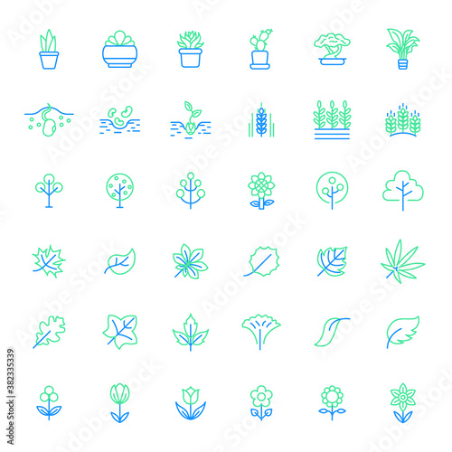Set of  plant and leaf Icons line style. Contains such Icons as tree, flower, foliage, bough, sunflower, grass And Other Elements. customize color, easy resize.