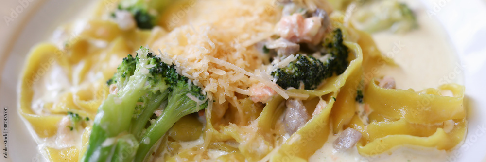 Pasta and broccoli lunch dish. Beautiful design food concept Pasta and broccoli lunch dish. Beautiful design food concept