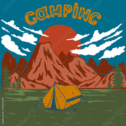 Illustration of mountain valley with tourist tent. Design element for poster, card, banner, menu. Vector illustration