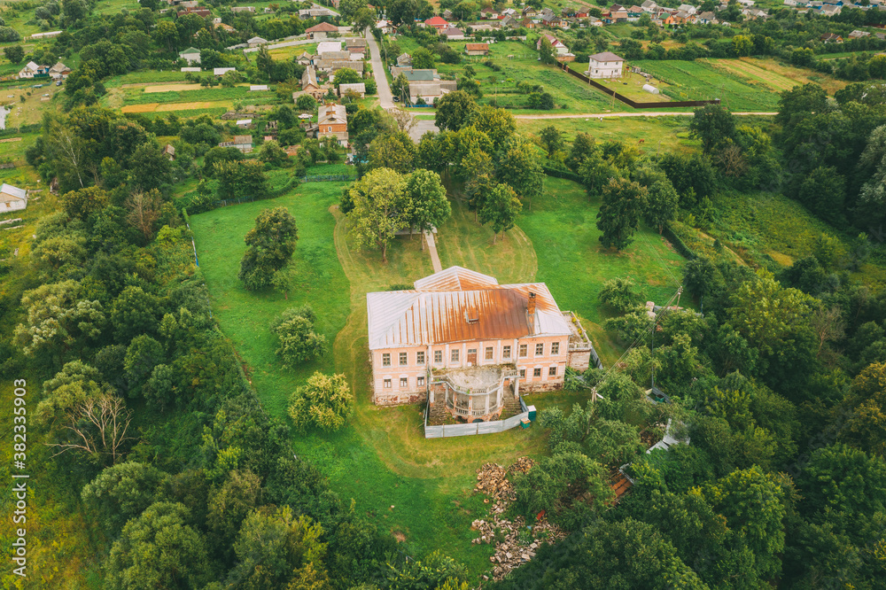 Khal'ch, Vetka District, Belarus. Aerial View Old House Manor Of Landowner Voynich-Senozhetskih. Top View Of Beautiful European Nature From High Attitude In Summer Season. Drone View. Bird's Eye View