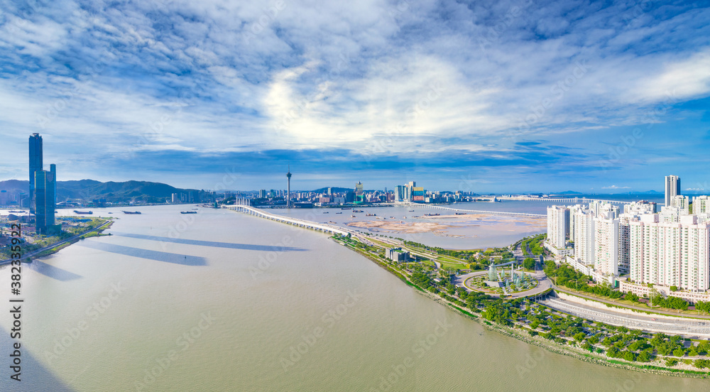 Fototapeta premium Aerial view of Macau, China and Zhuhai Hengqin Free Trade Zone