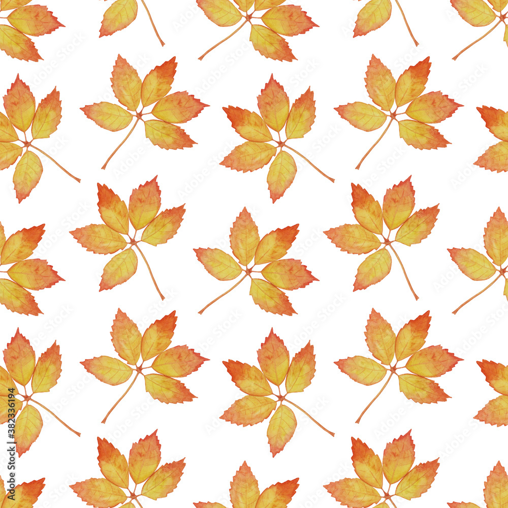 Fototapeta premium Bright seamless pattern with large leaves. Autumn watercolor illustration for decor and textiles.