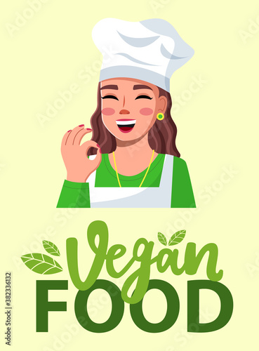 Young beautiful woman in cook hat smiles and shows OK. Vegan food., green lettering. Makeup, red polish, well-groomed young woman. Cooking online, blogging. Blogger, streamer, model. Flat vector image
