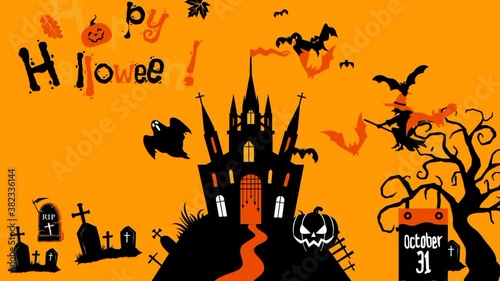 Animated Halloween background with scary pumpkins. Scary halloween night with flying bats, ghosts, animated trees, grass and haunted castle