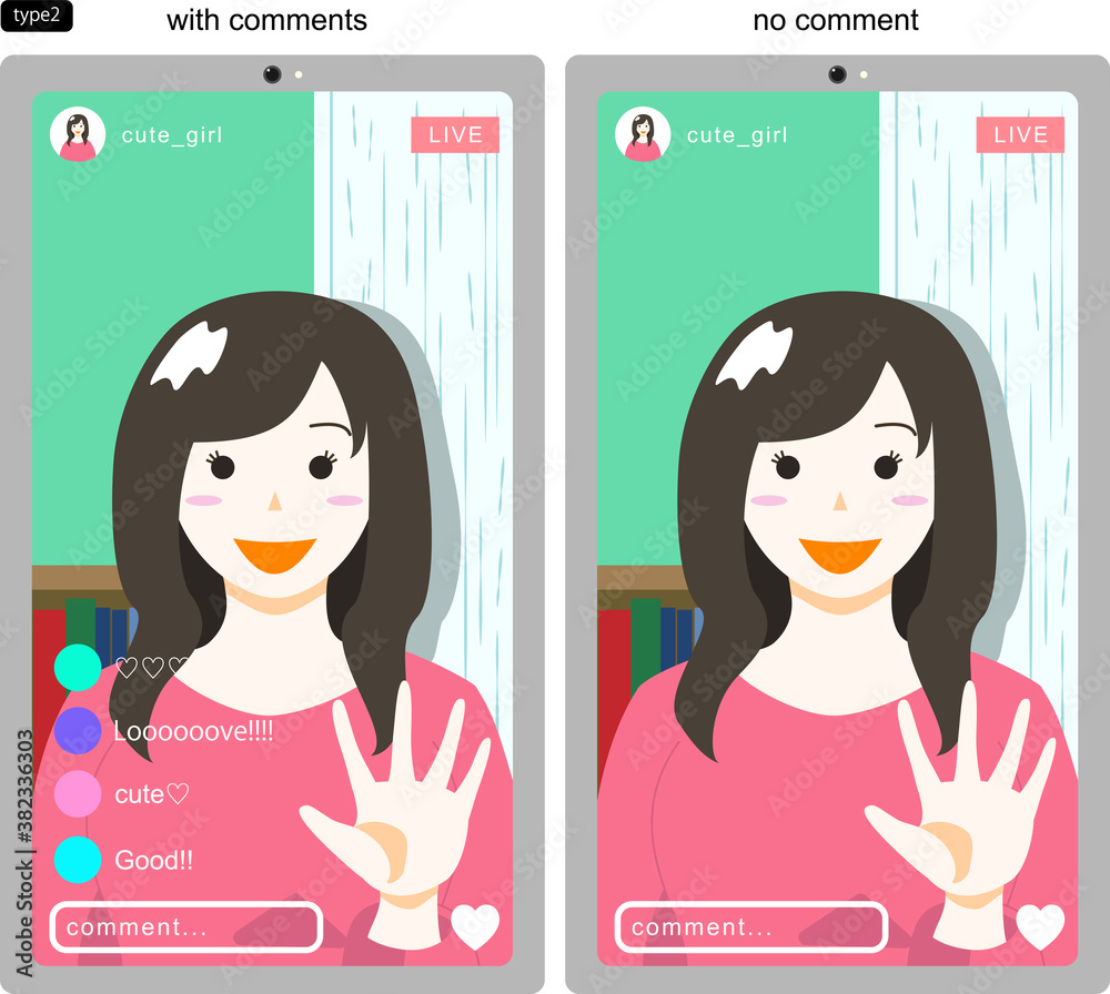 Snsのライブ配信をする若い女性を画面越しに見たイラスト2 線なし コメントありなし版 Vector De Stock Adobe Stock